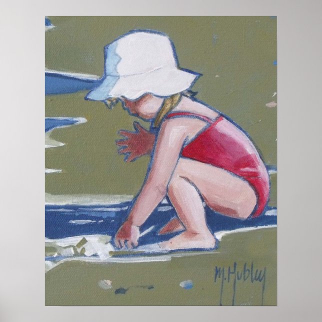 Kleines Mädchen mit Hut am Strand mit Wellen Poster (Vorne)