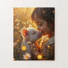 Kleines Mädchen mit ihrem Hausschwein Puzzle