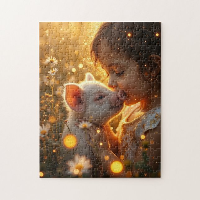 Kleines Mädchen mit ihrem Hausschwein Puzzle (Vertikal)