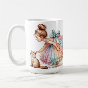 KLEINES MÄDCHEN MIT IHRER PET CAT KAFFEETASSE