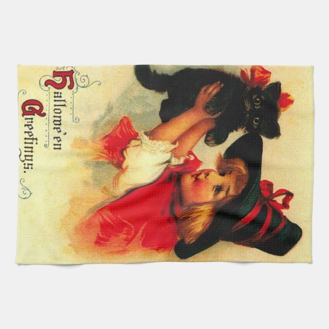 Kleines Mädchen mit ihrer schwarzen Katze Handtuch (Horizontal)