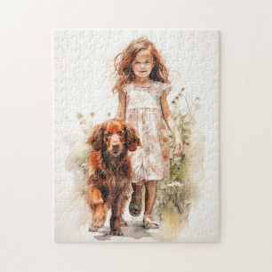 Kleines Mädchen mit irischem Setter Puzzle
