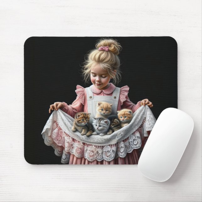 Kleines Mädchen mit Kätzchen in ihrer Schürze Mousepad (Mit Mouse)