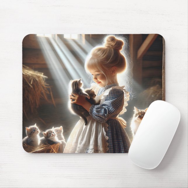 Kleines Mädchen mit Kätzchen Mousepad (Mit Mouse)