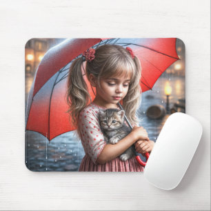 Kleines Mädchen mit Kätzchen unter Schirm Mousepad