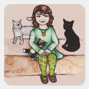Kleines Mädchen mit Katzen Quadratischer Aufkleber