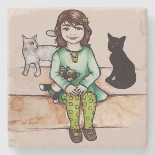 Kleines Mädchen mit Katzen Steinuntersetzer