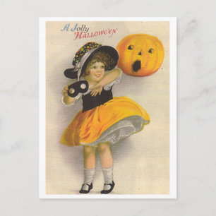 Kleines Mädchen mit Pumpkin und Maske Postkarte