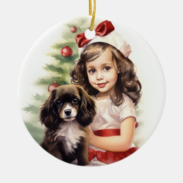 Kleines Mädchen mit Puppy Christmas Keramik Ornament (Vorne)