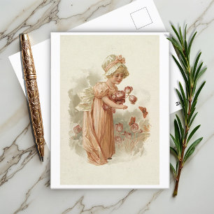 Kleines Mädchen mit rosa Blumen und Schmetterlinge Postkarte