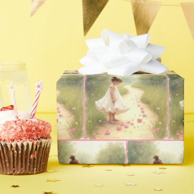 Kleines Mädchen mit rosa Herzen auf einem dunklen  Geschenkpapier (Geburtstagsparty)