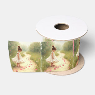 Kleines Mädchen mit rosa Herzen auf einem dunklen  Satinband