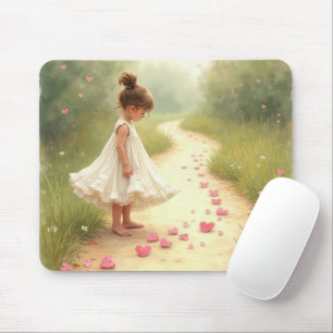 Kleines Mädchen mit rosa Herzen auf trockenem Weg Mousepad