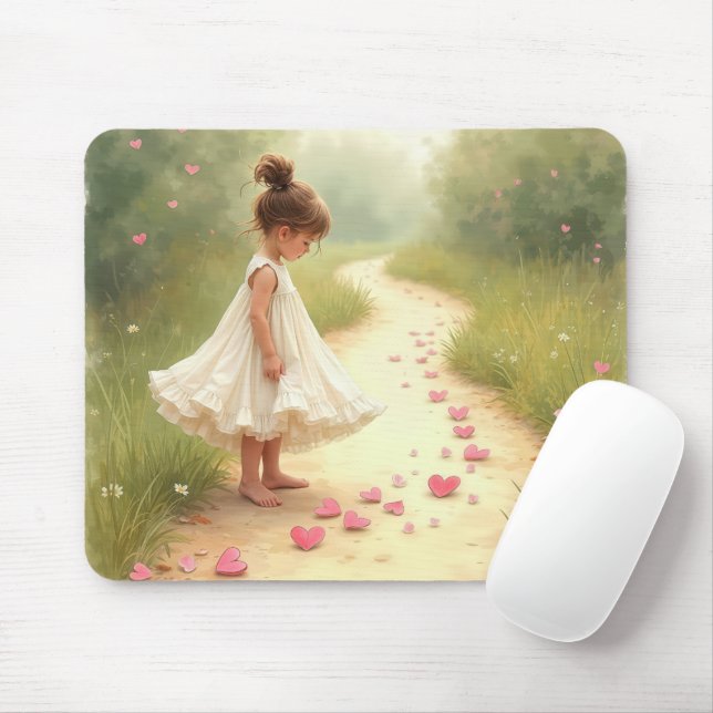 Kleines Mädchen mit rosa Herzen auf trockenem Weg Mousepad (Mit Mouse)
