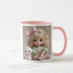 Kleines Mädchen mit rosa Knoten und weißem Welpen. Tasse