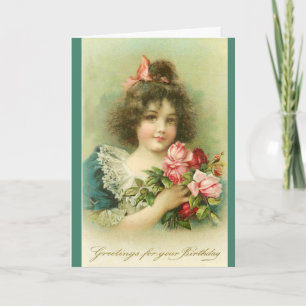 Kleines Mädchen mit rosa Rosen, Geburtstag Karte