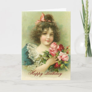 Kleines Mädchen mit rosa Rosen, Geburtstag Karte