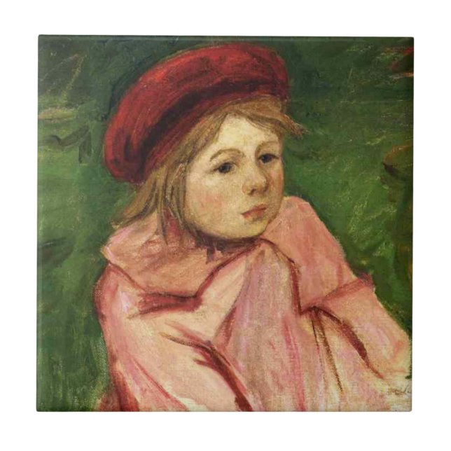 Kleines Mädchen mit roter Baskenmütze Fliese (Vorderseite)