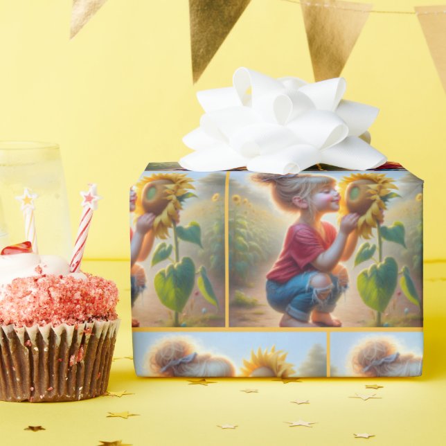 Kleines Mädchen mit Sonnenblume Geschenkpapier (Geburtstagsparty)