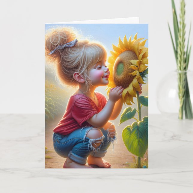 Kleines Mädchen mit Sonnenblume Karte (Vorderseite)