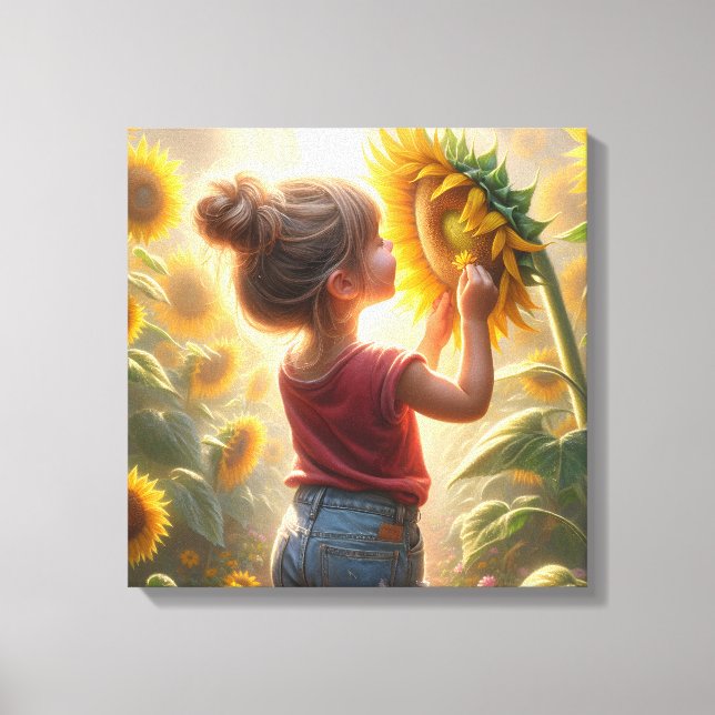 Kleines Mädchen mit Sonnenblume Leinwanddruck (Vorderseite)