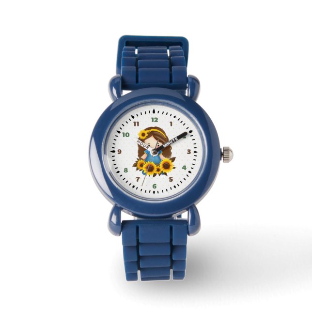 Kleines Mädchen mit Sonnenblumen Armbanduhr (Vorderseite)