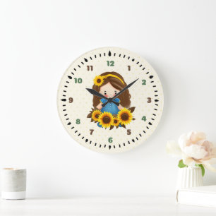 Kleines Mädchen mit Sonnenblumen Große Wanduhr