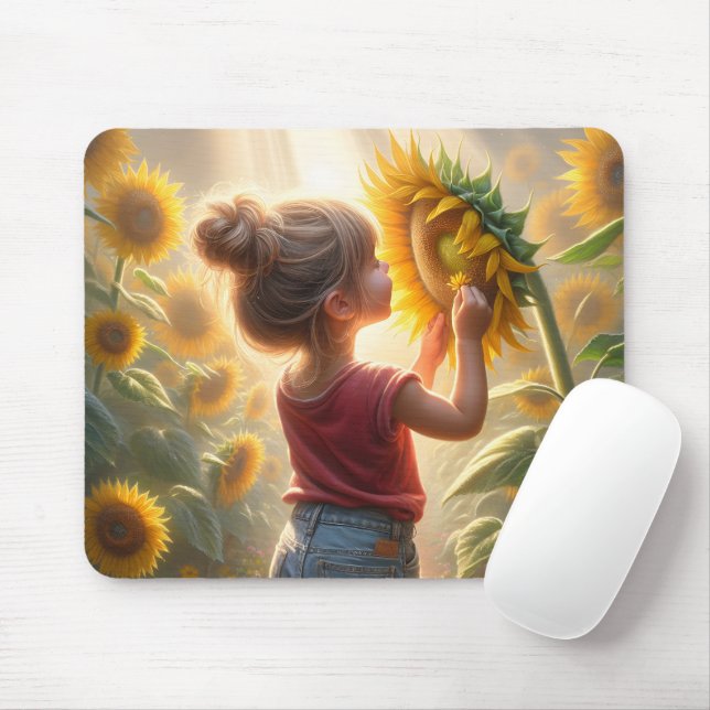 Kleines Mädchen mit Sonnenblumenglühen Mousepad (Mit Mouse)