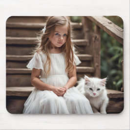 Kleines Mädchen mit weißer Katze Mousepad