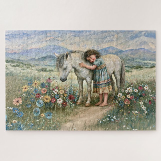 Kleines Mädchen Pony Wildblumen Berge Wiese Puzzle (Horizontal)