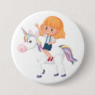 Kleines Mädchen reitet auf magischem Einhorn-Abent Button