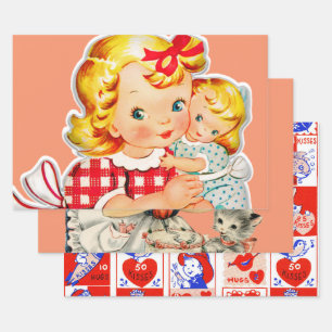 Kleines Mädchen Retro Vintage-Puppe Kind Geschenkpapier Set