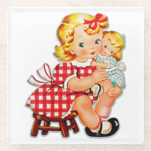 Kleines Mädchen Retro Vintage-Puppe Kind Glasuntersetzer