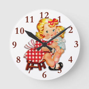 Kleines Mädchen Retro Vintage-Puppe Kind Runde Wanduhr