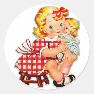 Kleines Mädchen Retro Vintage-Puppe Kind Runder Aufkleber
