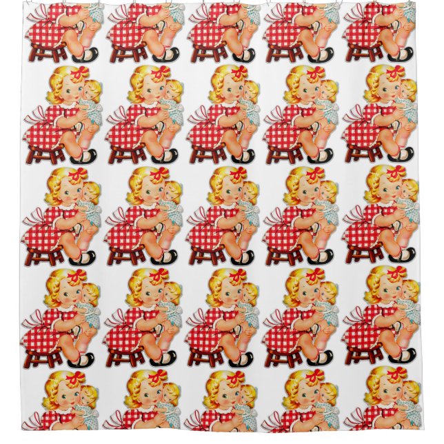 Kleines Mädchen Retro Vintage Puppenkind Duschvorhang (Vorderseite)
