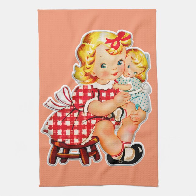 Kleines Mädchen Retro Vintage Puppenkind Geschirrtuch (Vertikal)