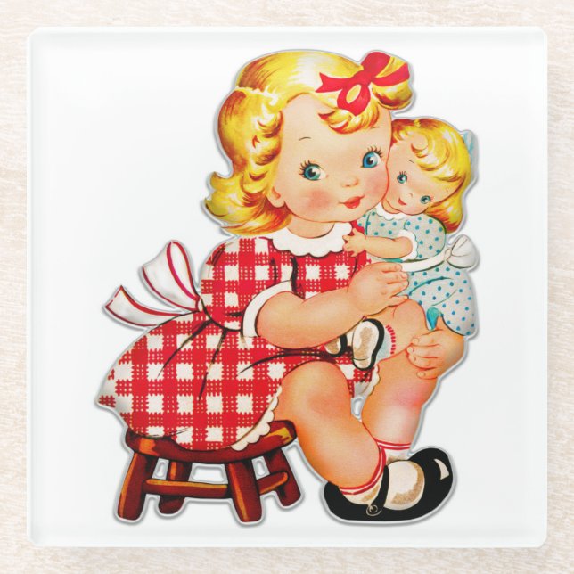 Kleines Mädchen Retro Vintage Puppenkind Glasuntersetzer (Vorderseite)