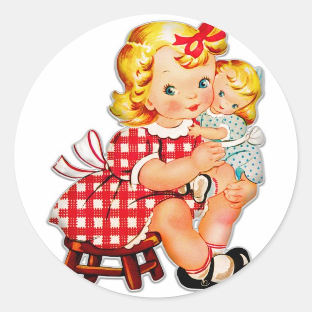 Kleines Mädchen Retro Vintage Puppenkind Runder Aufkleber (Vorderseite)