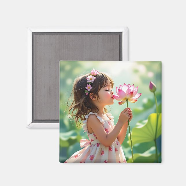 Kleines Mädchen riecht an einer rosa Rose Personal Magnet (Vorderseite/Rückseite)