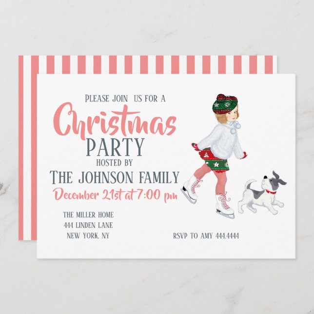 Kleines Mädchen Skaten auf Eis und Hund Einladung (Vorne/Hinten)