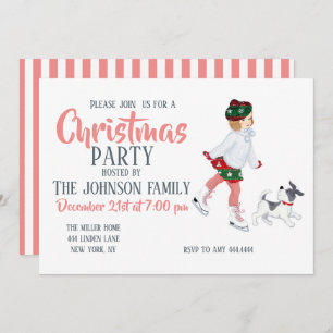 Kleines Mädchen Skaten auf Eis und Hund Einladung