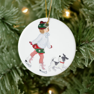 Kleines Mädchen Skaten auf Eis und Hund Keramik Ornament