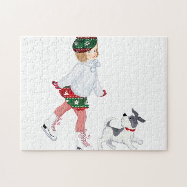 Kleines Mädchen Skaten auf Eis und Hund Puzzle (Horizontal)