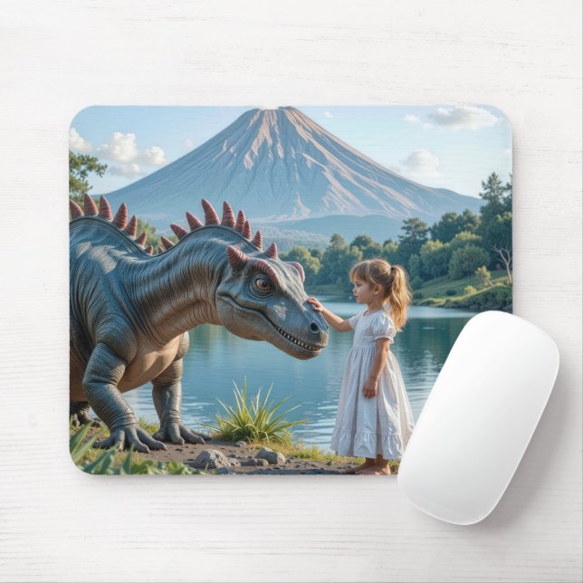 Kleines Mädchen streichelt einen Dinosaurier Mousepad (Mit Mouse)