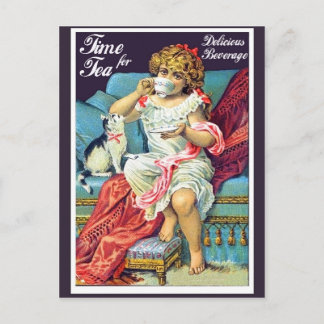 Kleines Mädchen trinkt Tee, Vintage-Kunst Postkarte