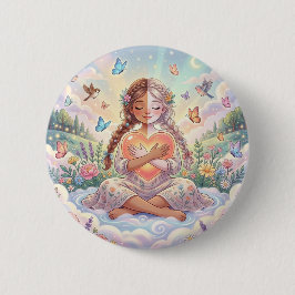 Kleines Mädchen umarmt friedliches Herz Button