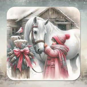 Kleines Mädchen und ihr Pferd Weihnachten Quadratischer Aufkleber