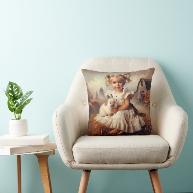 Kleines Mädchen und Kaninchen auf dem Hay Bale Kissen (Stuhl )