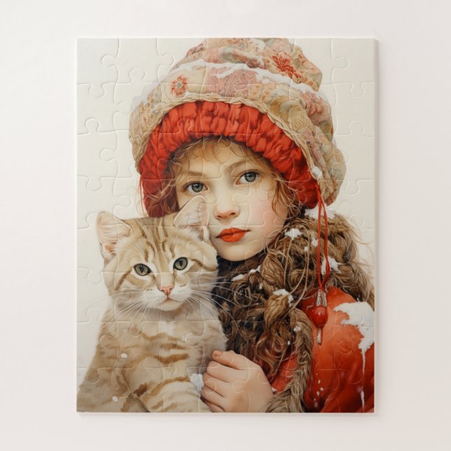 KLEINES MÄDCHEN UND KATZE PUZZLE (Vertikal)
